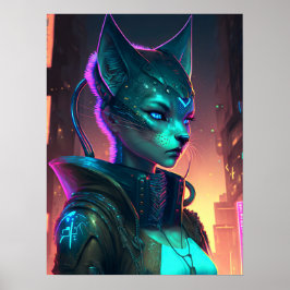 Poster Mulher-gato Cyberpunk na cidade de neon