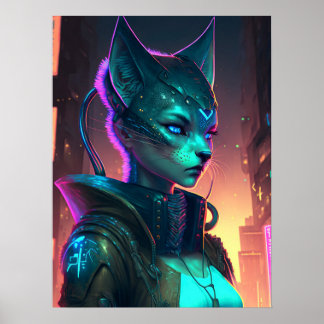 Poster Mulher-gato Cyberpunk na cidade de neon