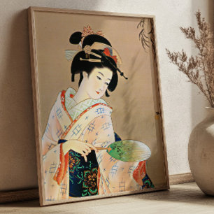 Poster Mulher Geisha Ukiyo-e Japonês Xilogravura Vintage