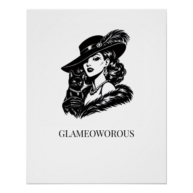 Póster Mulher Glamurosa com Ilustração de Moda de Gato (Frente)