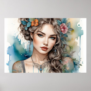 Poster Mulher Glamurosa de Cabelos Prateados e Olhos Fumê