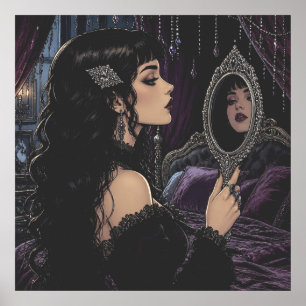 Poster Mulher Gótica Bonita Olhando para Espelho Antigo