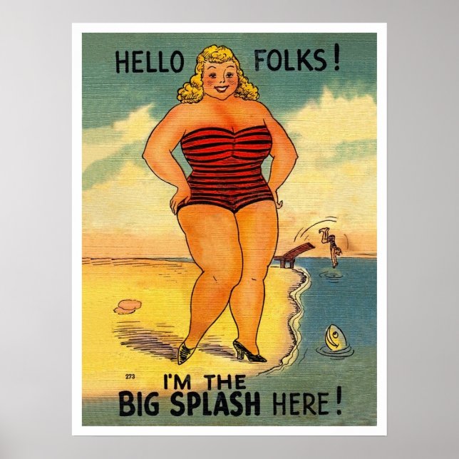 Poster Mulher grande na praia, vintage engraçado (Frente)