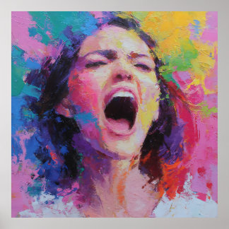 Poster Mulher Gritando Cores Abstratas Acrílico Expressiv