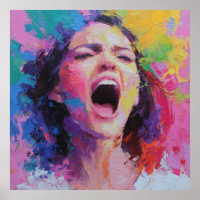Poster Mulher Gritando Cores Abstratas Acrílico Expressiv (Frente)