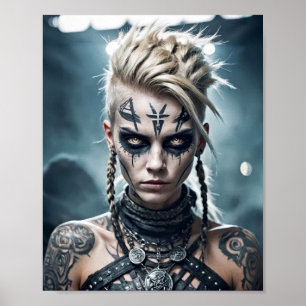 Poster Mulher guerreira viking com tatuagem de runa e sin