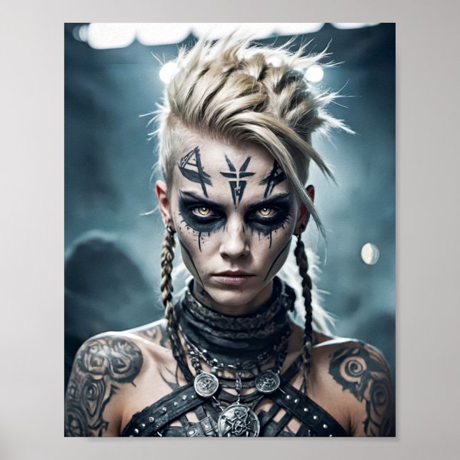 Poster Mulher guerreira viking com tatuagem de runa e sin (Frente)