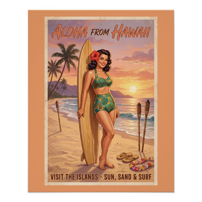 Póster Mulher Havaiana Estilo Retrô Pin Up (Frente)