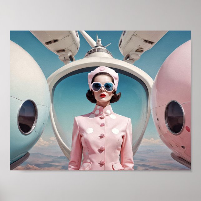 Poster Mulher-hospedeira do Futurismo Retro em rosa, 1950 (Frente)