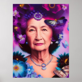 Poster Mulher idosa com borboletas e flores