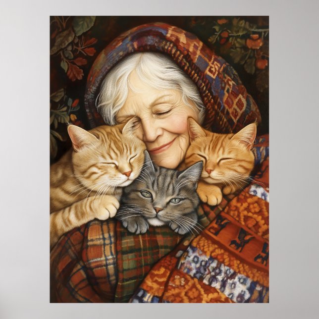 Poster Mulher Idosa Embarcando Três Gatos Cozy (Frente)