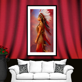 Poster mulher índia americana penas vermelhas douradas az
