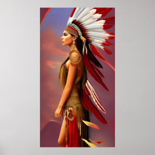 Poster mulher índia americana penas vermelhas e brancas d