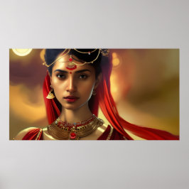 Poster Mulher indiana asiática pôster colorido vermelho d
