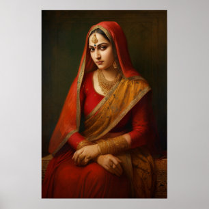 Poster Mulher indiana na pintura de Red Saree Vintage
