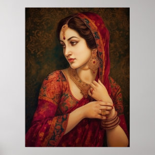 Poster Mulher indiana na pintura de retrato de Red Saree