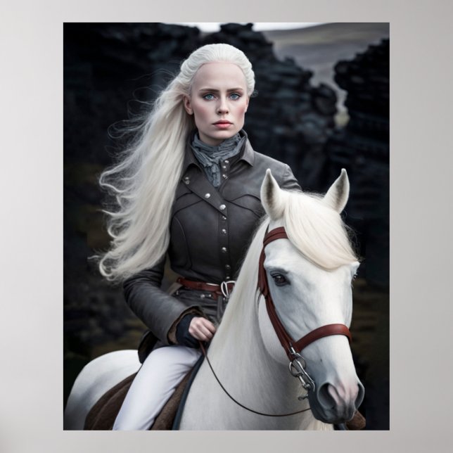 Poster Mulher Islandesa em Fotografia de Cavalo Branco (Frente)