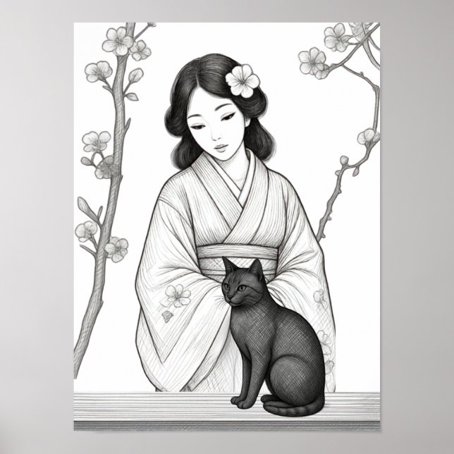 Poster Mulher Japonesa com Gato Preto (Frente)