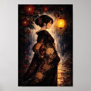 Poster Mulher japonesa de quimono Lanterna Noite Chuva Ar