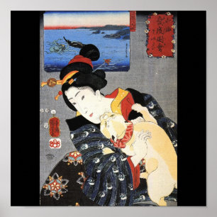 Póster Mulher japonesa e um gato, C. 1800's Japão