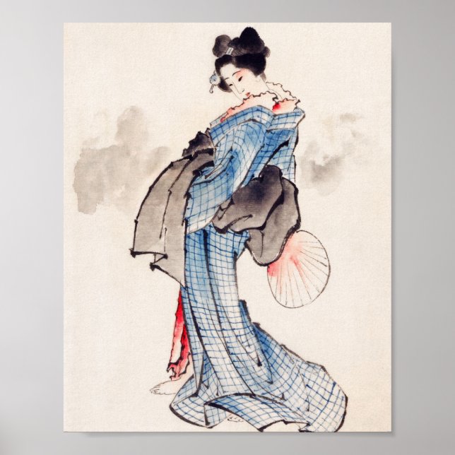 Poster Mulher japonesa em Kimono por Katsushika Hokusai (Frente)