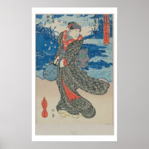 Póster Mulher japonesa pelo mar (impressão do woodblock