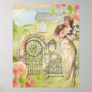 POSTER MULHER JARDIM DE CASA ROMÂNTICA VINTAGE