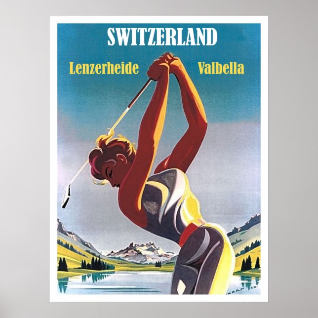 Poster Mulher jogando golfe na Suíça, Lenzerheide, Valbel (Frente)