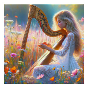 Póster Mulher jogando harpa em flores silvestres