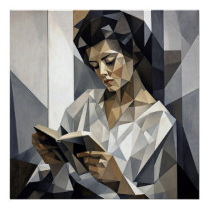 Póster Mulher Jovem Lendo um Livro Forma de Arte Cubista