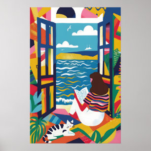 Poster Mulher Lendo à Beira-Mar Arte Colorida Gato Parede