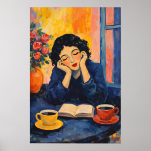Poster Mulher Lendo Cartaz de Café, Impressionista Vintag