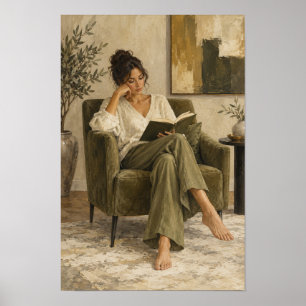 Poster Mulher Lendo em Poltrona Verde Aconchegante Figura