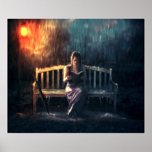 Poster Mulher lendo livro na chuva