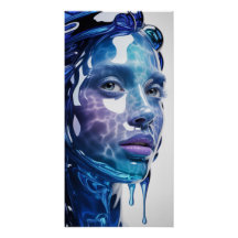 Mulher Líquida Azul Retrato Arte de Parede Vertica