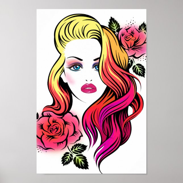Poster Mulher loira olhos azuis com rosa e cabelo arco-ír (Frente)