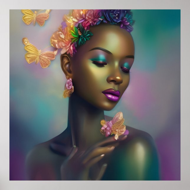 Poster Mulher magia africana da borboleta arco-íris (Frente)