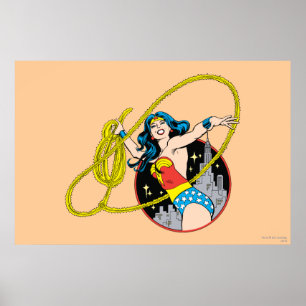 Póster Mulher Maravilha com fundo de cidade