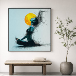 Póster Mulher Meditando Pose de Ioga da Lua Dourada
