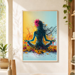 Poster Mulher Meditando Pose de Lótus Flores Coloridas
