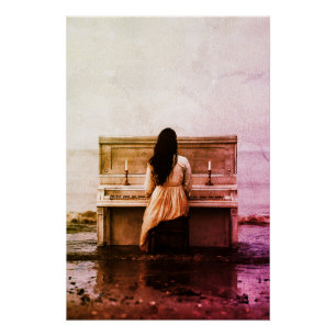 Póster Mulher Melancólica Tocando Piano à Beira-Mar