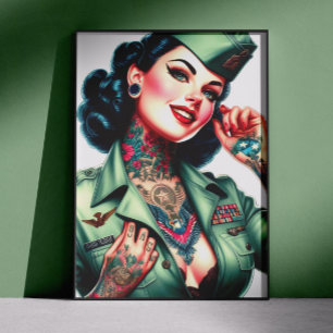Poster Mulher Militar Tatuada Vintage
