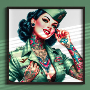 Poster Mulher Militar Tatuada Vintage