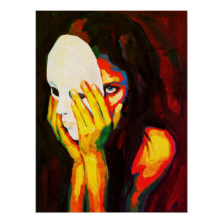 Póster Mulher Misteriosa Segurando Máscara Arte Dramática