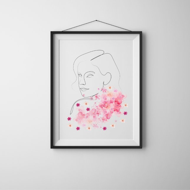 Poster Mulher Moderna com Flores Rosa Arte de Linha (Criador carregado)