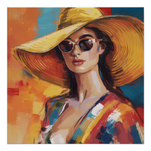 Póster Mulher Moderna Ousada em Chapéu Dourado Retrato Ab