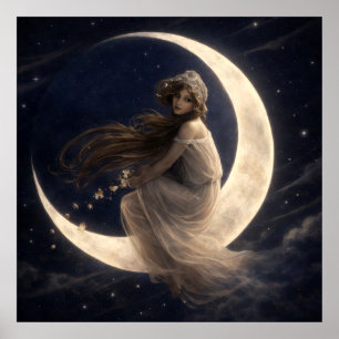 Poster Mulher na Lua Crescente Com Flores