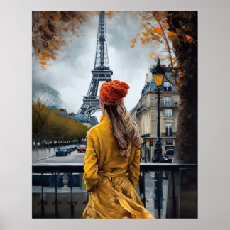 Poster Mulher na Torre Eiffel, na Bathrobe Amarela