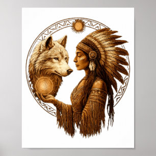 Poster Mulher Nativa Indígena Americana Com Lobo Branco V