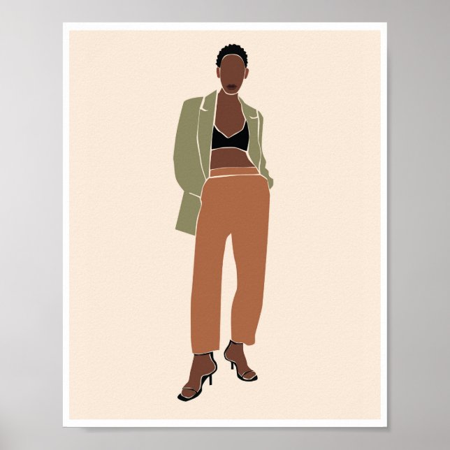 Poster Mulher Negra Boho Blazer Oliva Arte de Moda (Frente)